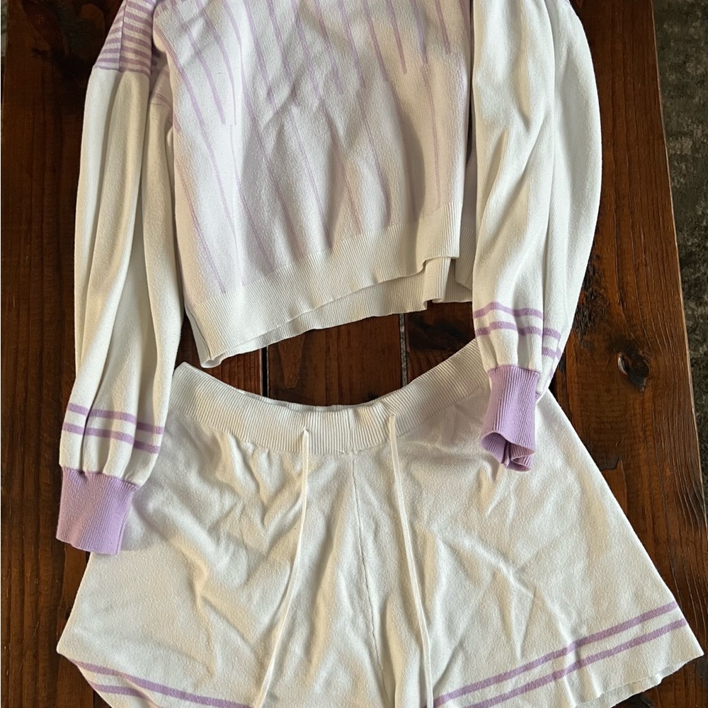 White and Purple Striped Sweater and Short Set